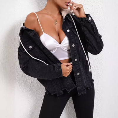 45 - in stock - 35639#  cross-border women's fashion european and american ins autumn/winter trendy hooded versatile denim jacket