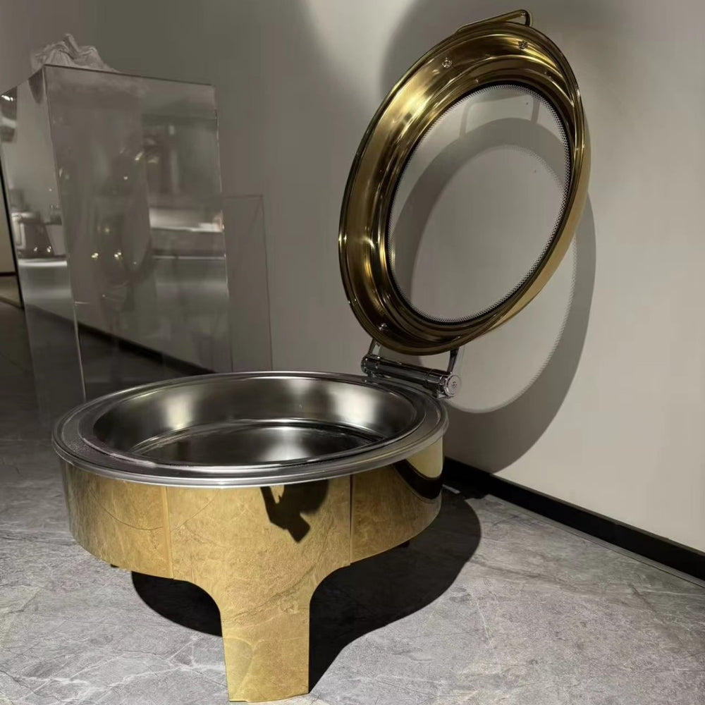 Round stainless steel buffet warming cabinet set with see-through glass lid, commercial grade for hotels, 6l capacity - in stock