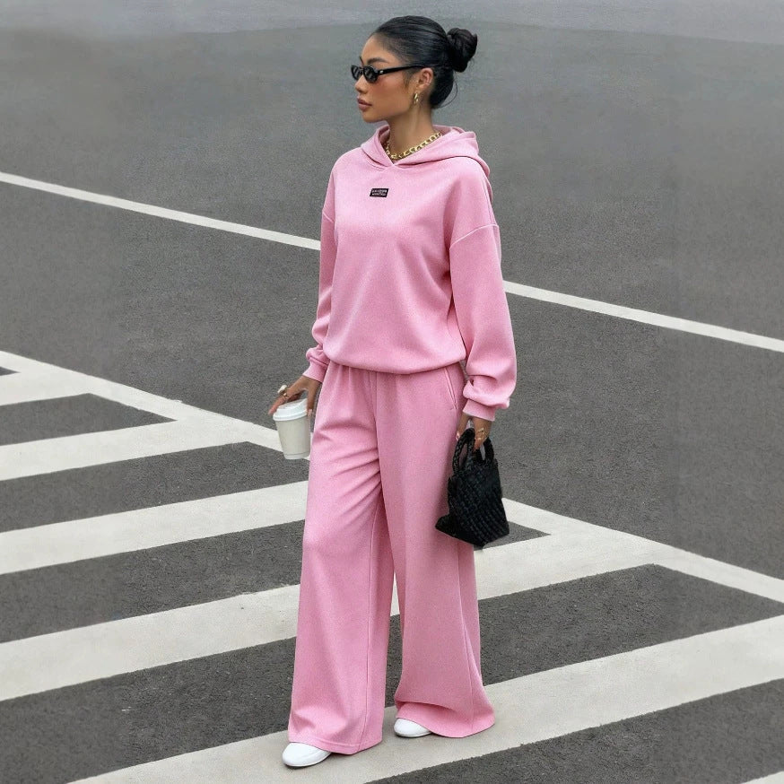 fashion  fall and winter new pink fleece-linedsuit sports knitting pullover shirt and wide-leg pants two pieces