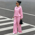 fashion  fall and winter new pink fleece-linedsuit sports knitting pullover shirt and wide-leg pants two pieces