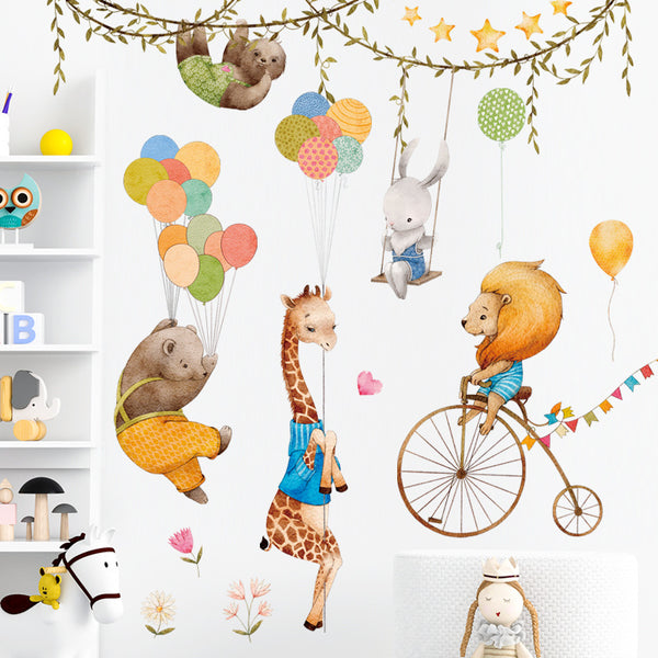 Giraffe animal cartoon sticker lion riding bicycle sticker children's room decoration wall sticker balloon animal sticker