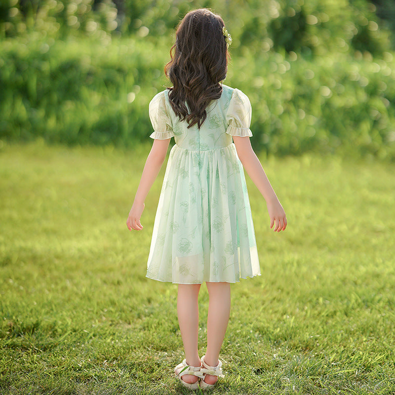 Girls' summer dress  new chinese style frog closure short sleeve traditional dress children's fashionable flared skirt
