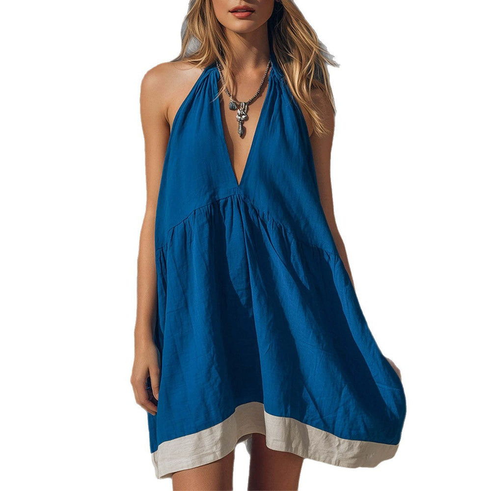 Summer new european and american cross-border hot seller: royal blue and white halter neck deep v cotton linen dress - loose fit, figure-flattering beach dress
