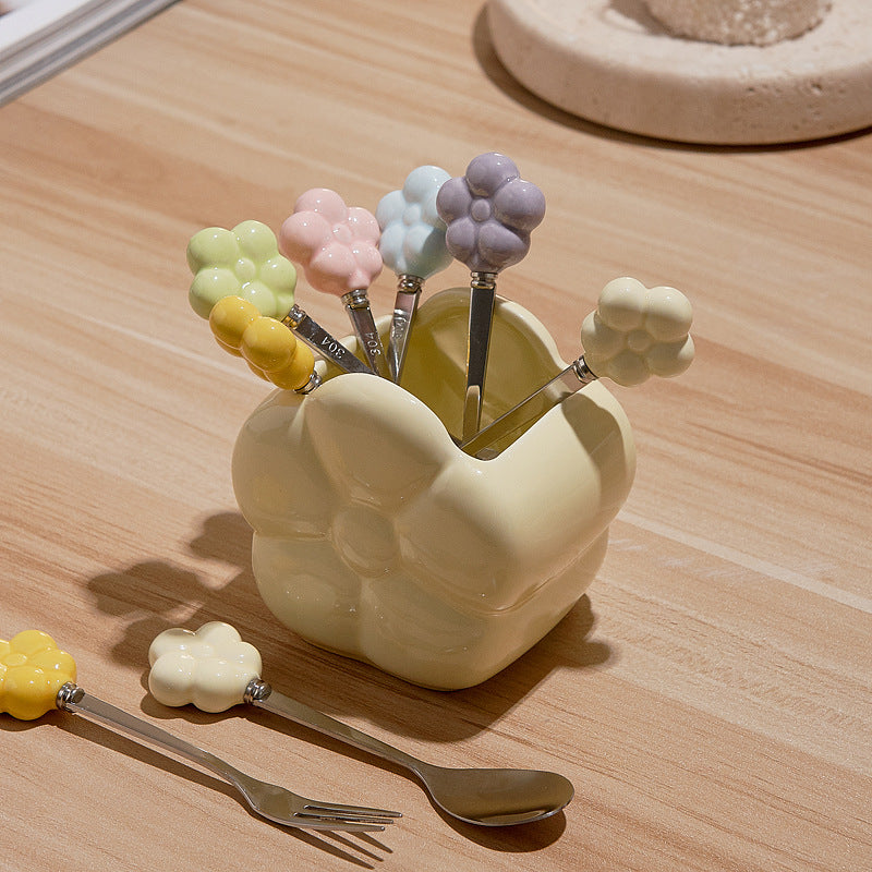 Creative sunflower stainless steel fruit fork desktop decoration ornament ceramic storage jar suit exquisite afternoon tea knife and fork