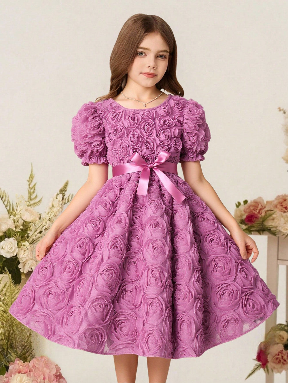 Girls' dress (sizes for mid-to-large children), 3d rose embellished dress + bow belt