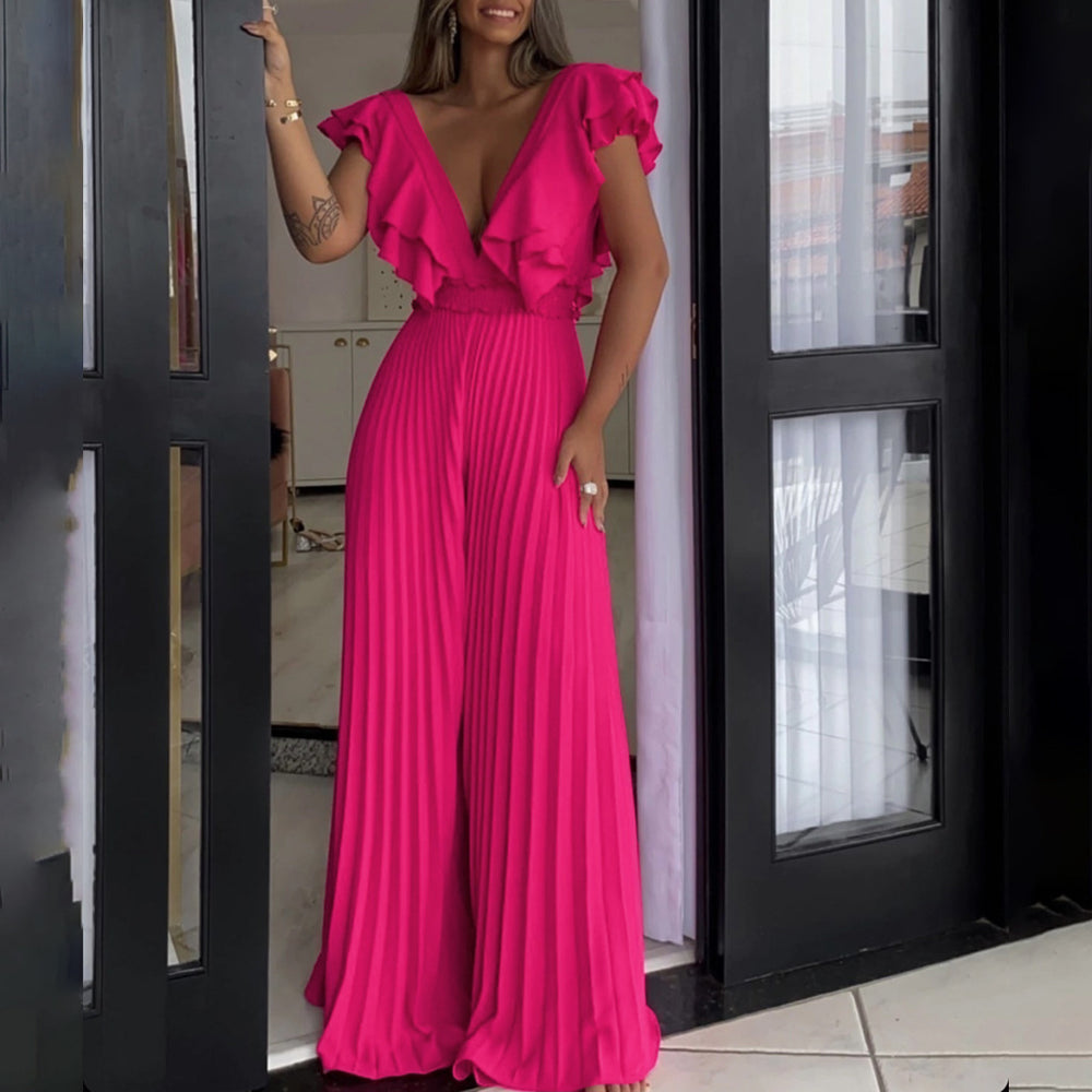 C8574 cross-border women's fashion  new deep v-neck high-waisted sexy ruffle pleated wide-leg jumpsuit (european & american style)