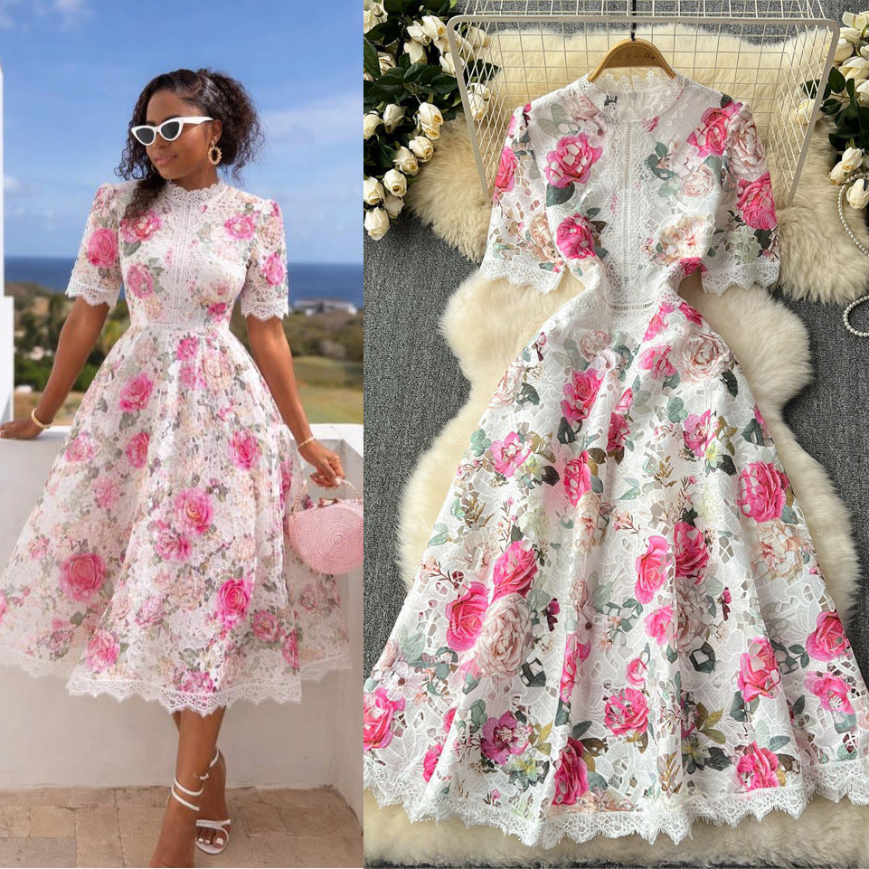 High-end women's summer  new french retro elegant lace patchwork printed waist-cinching chic evening dress