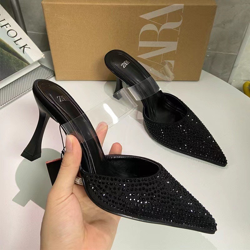 Za new 2024 summer rhinestone peep-toe slingback high heels - women's strappy open heel pointed toe stiletto sandals - trendy style