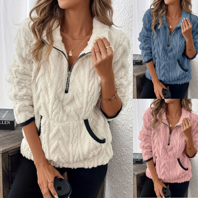 Spot  wish  supply 2025 autumn and winter fashion short contrasting color half-open neck plush women's sweater