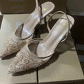 Zar 2024 autumn new arrivals: pointed-toe, closed-toe, open-back, solid color embroidered mesh stiletto mules