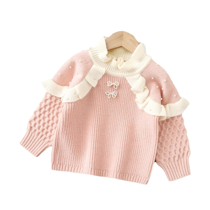 Girlsweater round neck knitting bottom shirt new arrival lace fleece-linedthickened children's clothing fleece-linedheattechtops