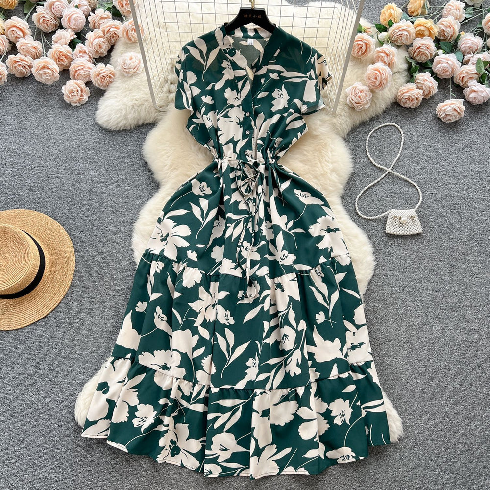 French sweet and gentle style v-neck floral chiffon dress - women's summer cinched waist, slimming, vacation-ready, fairy dress