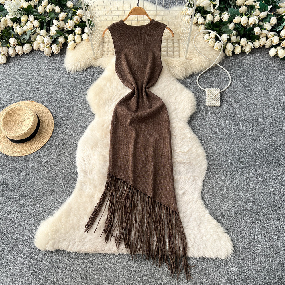 Korean style commute-friendly sleeveless knit dress - women's summer round neck high waist tassel maxi dress - slimming a-line skirt