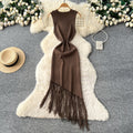 Korean style commute-friendly sleeveless knit dress - women's summer round neck high waist tassel maxi dress - slimming a-line skirt