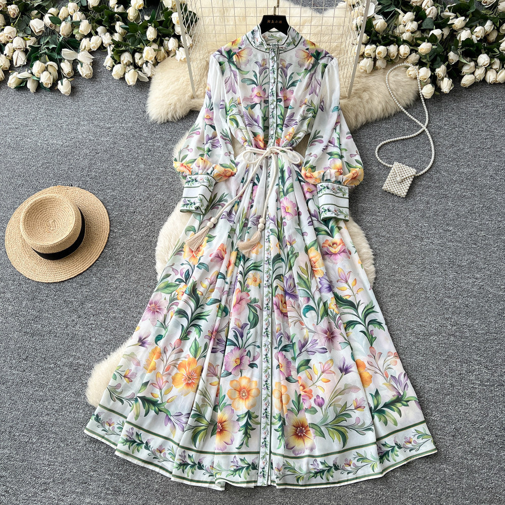 Frenchniche styleclassyprinting stand collar long sleeves waist a-line dress female summer lazy elegant long skirt