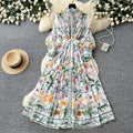 Frenchniche styleclassyprinting stand collar long sleeves waist a-line dress female summer lazy elegant long skirt