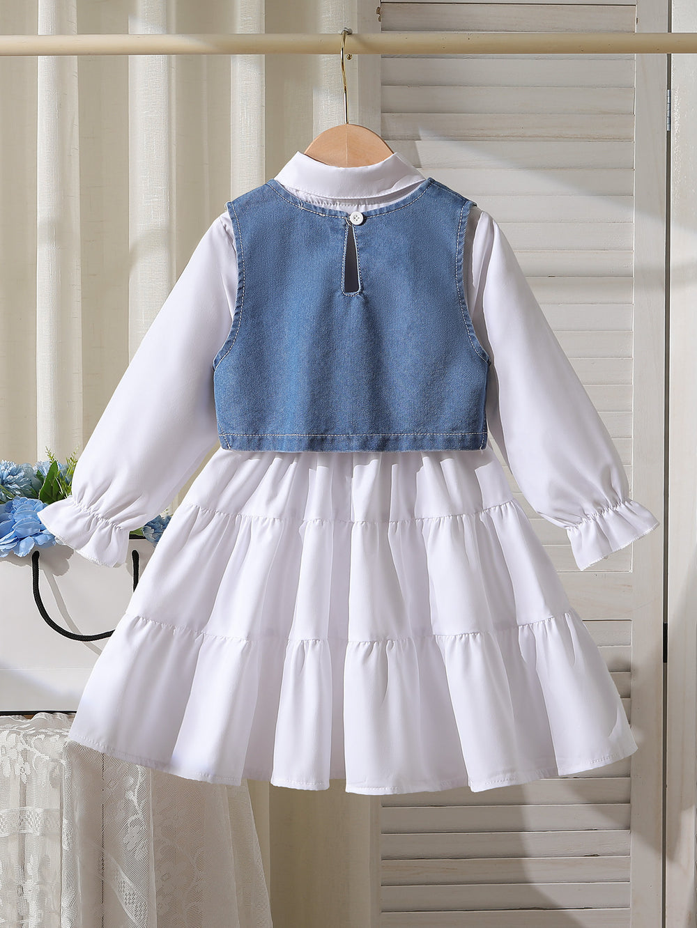 cross-border autumn new arrival: shirt collar bubble bead dress + bubble bead denim vest + crossbody bag three-piece set