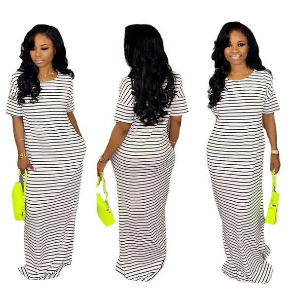 Z042   Source European and American Sexy Women's Clothing Short Sleeve Mopping Stripe Dress