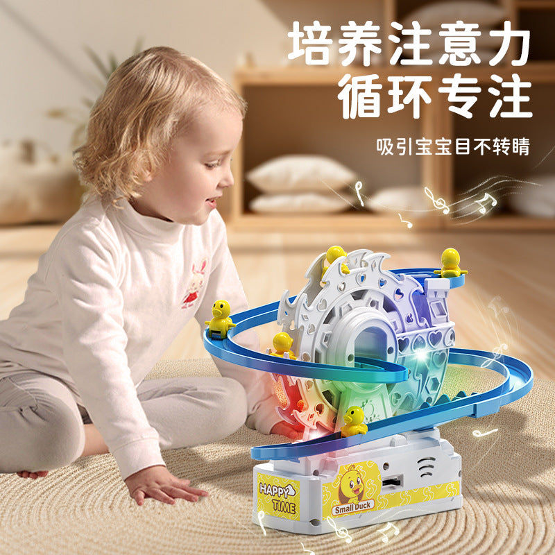 2025 new year children's toy educational duck ferris wheel climbing stairs electric music light track cross-border