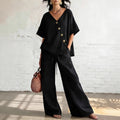 european and american cross-border women's fashion casual solid color v-neck loose short sleeve top and drawstring pants two-piece set