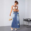 Export denim skirt new arrival hot-selling raw edge washed skirt slit star denim skirt