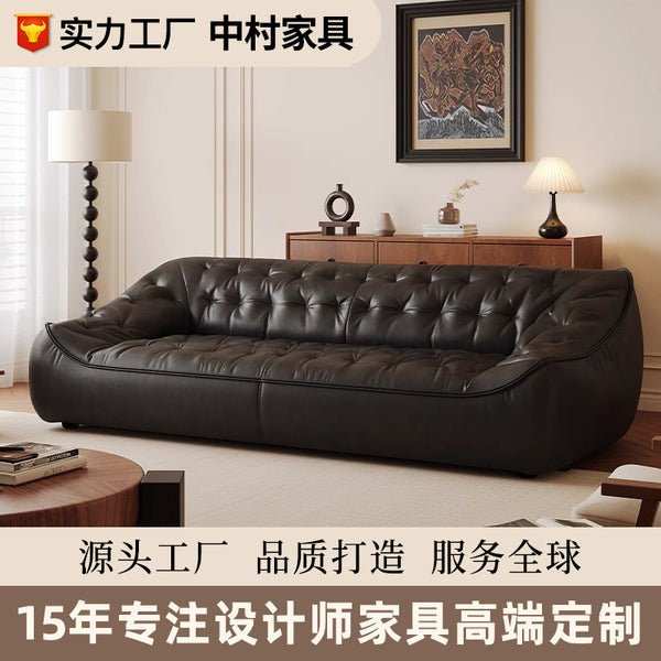 Retro full oil wax leather bean bag sofa antique living room straight row three retro first layer cowhide sofa