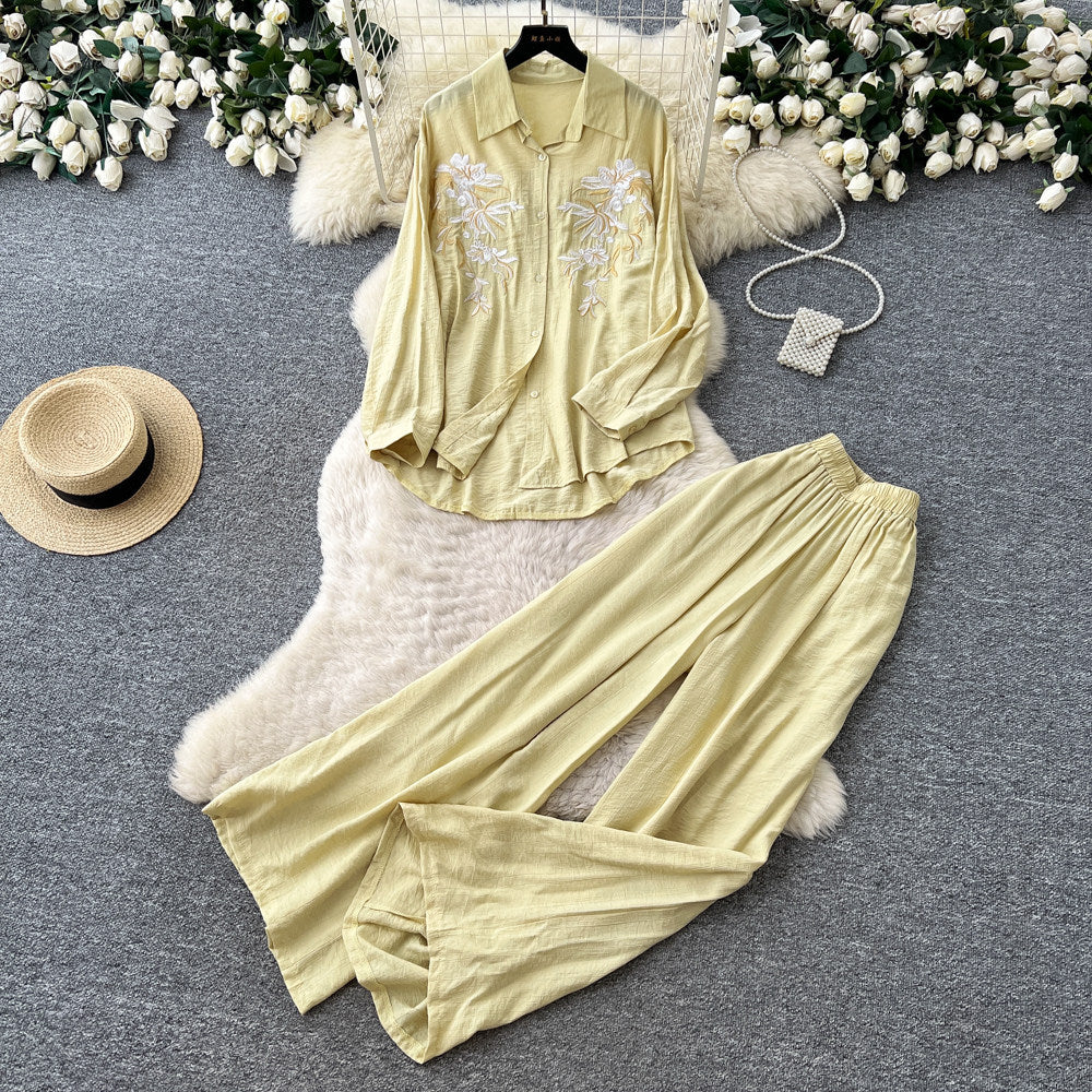 Lazy style pink embroidershirtloose pantstwo-piece set female autumlong sleevessequinwork clothingslimming lookelegantsuit
