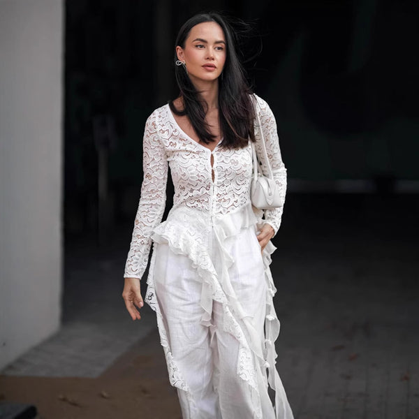 2025 summer new French white lace shirt women's design streamer V-neck long-sleeved top  women's clothing
