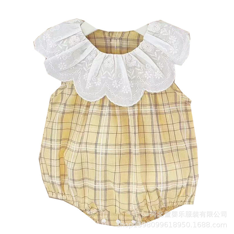 Summer lightweight baby clothes for girls: sweet and stylish plaid triangle romper, sleeveless bodysuit, crawling suit