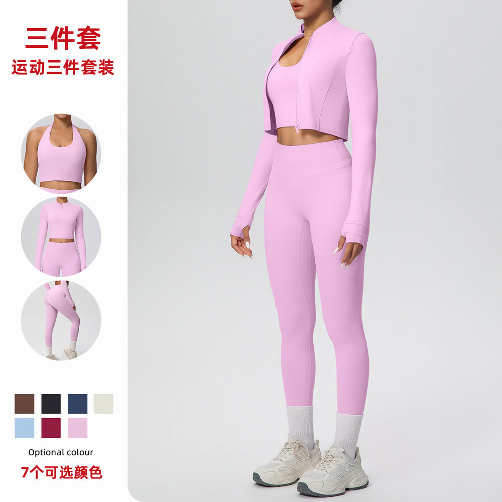 New halter neck backless zip-up outerwear yoga set - high-waisted, butt-lifting, compression fit - perfect for running, fitness, and gym workouts (3-piece set)