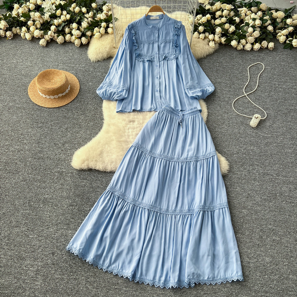 French chic outfit: women's vintage court style lace trimmed lantern sleeve single-breasted blouse with high-waisted flared midi skirt