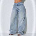 Fashionjeans women's light blue snowflake washed retro distressed high waistloosedrapedmop wide leg denim pants