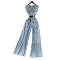 Sophisticated retro chic v-neck sleeveless jumpsuit for women -  summer collection: high-end, tie-waist denim wide-leg pants