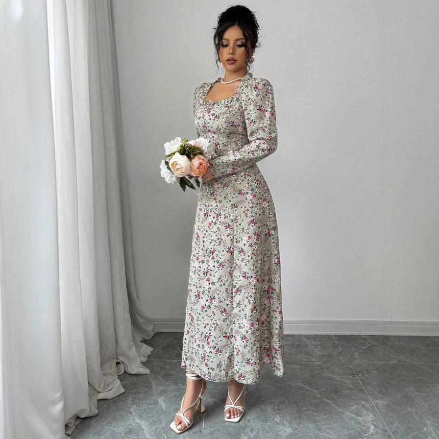 Plus size long french retro floral dress - spring/autumn  - slimming, figure-flattering, fishtail maxi dress with cinched waist