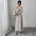 Plus size long french retro floral dress - spring/autumn  - slimming, figure-flattering, fishtail maxi dress with cinched waist