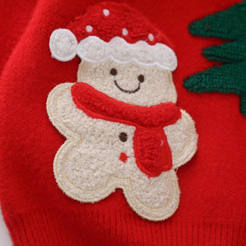 Girls' stylish red sweater with snowman, star, and christmas tree design - thickened, warm, festive new year outfit for winter, perfect for new year's day performances
