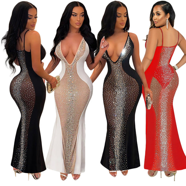 S390261 Cross-border  eBay Women's Sexy Perspective Hot Diamond Sleeveless Dress Women's Night Club Evening Dress