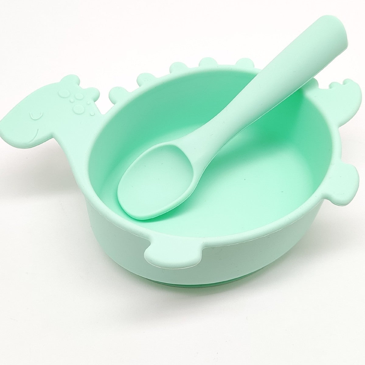 Cross-border hot-selling silicone dinosaur bowls and spoons, Mengqu non-slip tableware two-piece set, baby complementary food silicone bowls and spoons wholesale