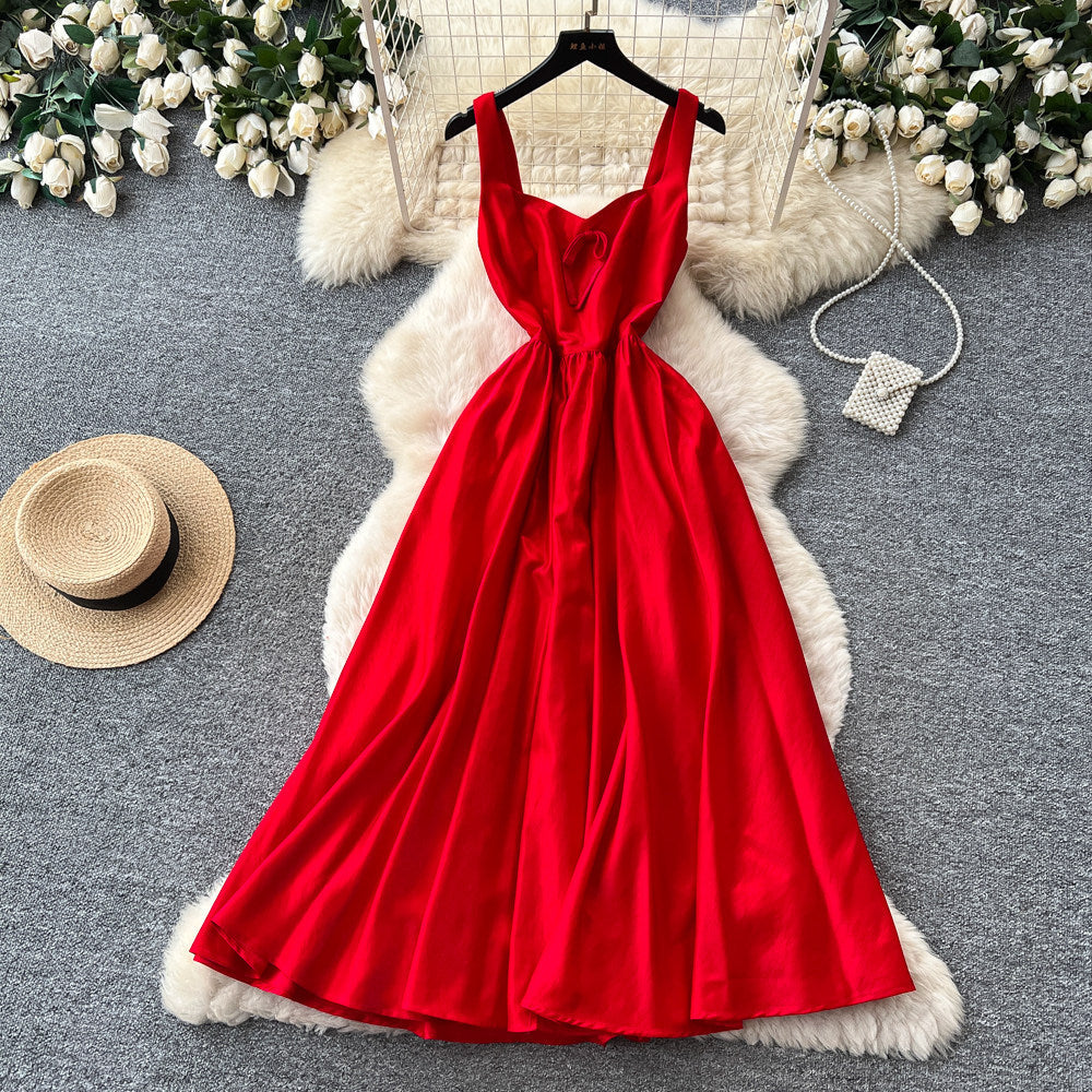 fashionexport suspender dress for women summer waist-cinching casual long skirt pure color suspender banquet dress