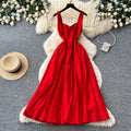 fashionexport suspender dress for women summer waist-cinching casual long skirt pure color suspender banquet dress