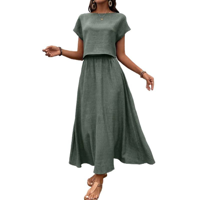 fashion  2-piece set of women's pure color short-sleeved tops and casual a-line skirt suit