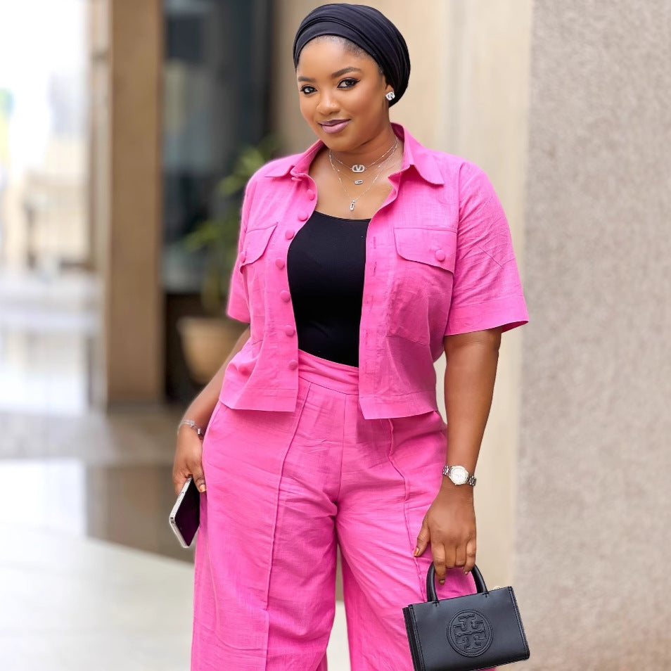 European and American new women's clothing temperament commuter solid color short-sleeved cardigan shirt wide-leg pants African fashion casual suit women