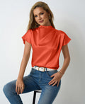 Real shot of cross-border hot-selling new arrival round neck short-sleeved satin t-shirt satin spring and summer women's left shoulder pleated tops wholesale