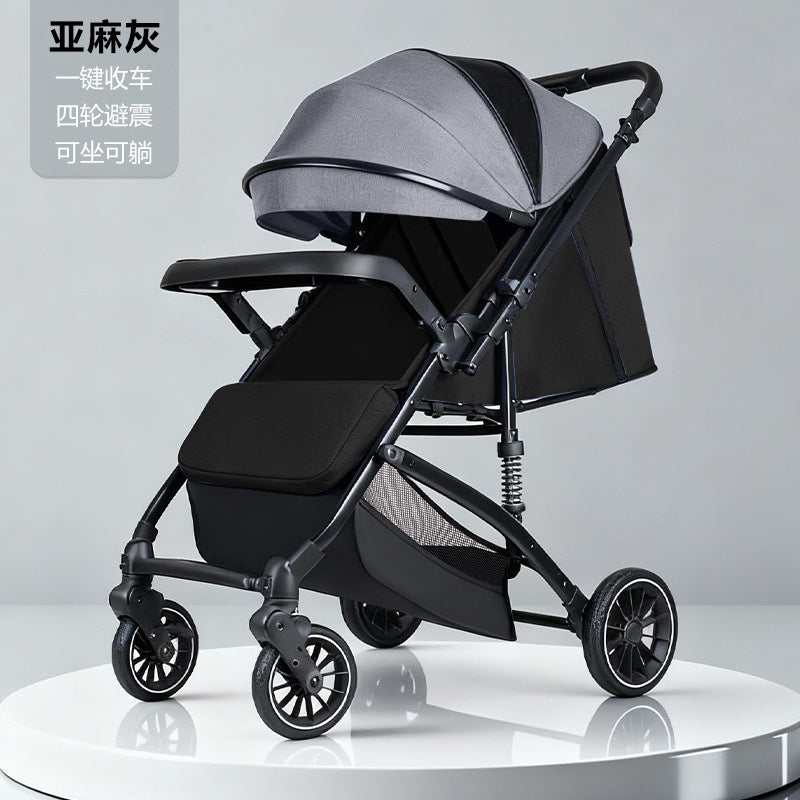 Stylish, lightweight, foldable, high-view four-wheel shock-absorbing baby stroller with one-click fold