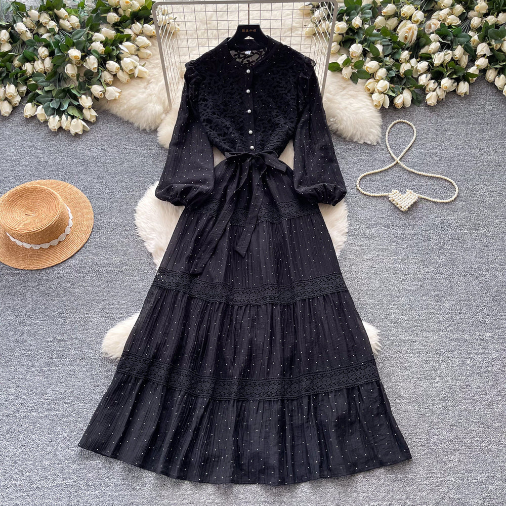 Frenchretro style lacepatchworkdress women's spring long k-style sleeve waist a-line skirt elegant over-the-knee long skirt