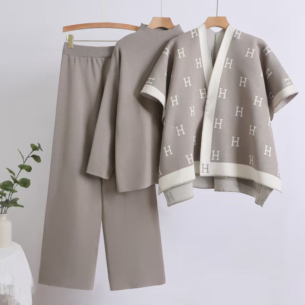 2025 autumn new arrival: chic capelet letter shawl jacket + solid color top + wide-leg pants knit three-piece set