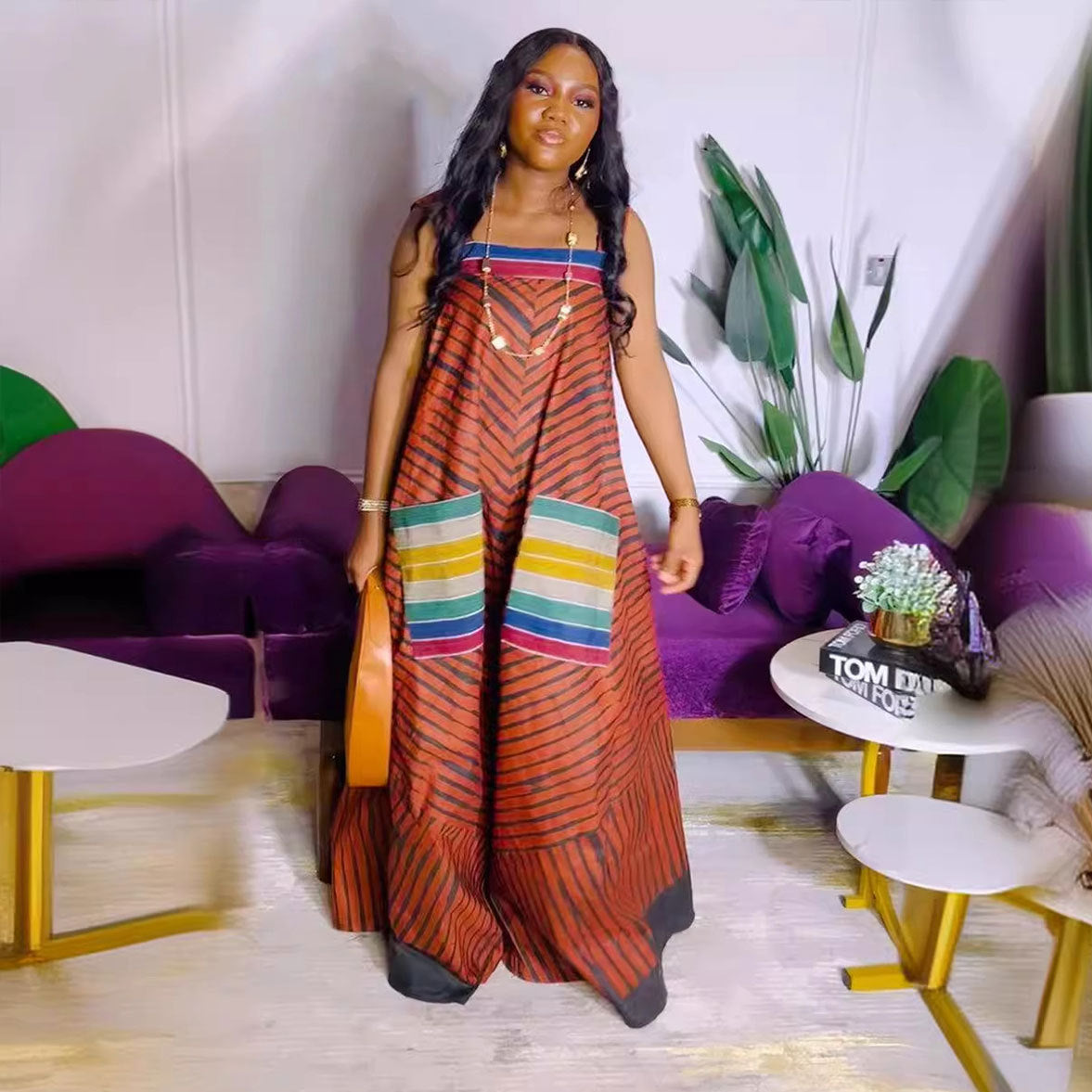 S10819 European and American sexy, printed contrasting colors oversized wide-leg suspender jumpsuit