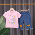 wholesale children's clothing: new girls' summer outfit set - unicorn print short-sleeve t-shirt & soft denim shorts - in stock
