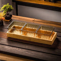 [3-compartment fruit plate with amber water ripples] + wooden plate, thickened plastic