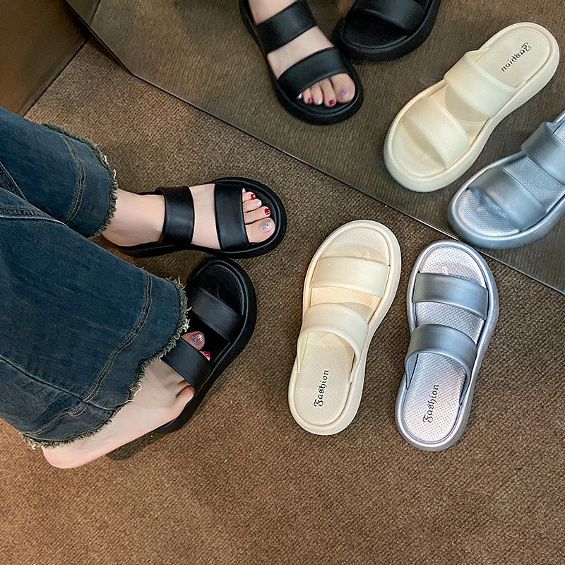 Stomping on shit feeling bread slippers for women summeroutwearnew arrivalclassy senseeasiest for matchheight-increasing one-line slippersthick sole double-strap sandals
